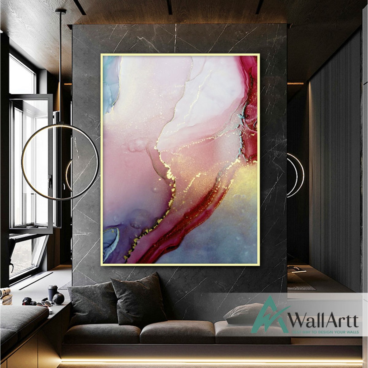 Red Marble with Gold Textured Partial Oil Painting