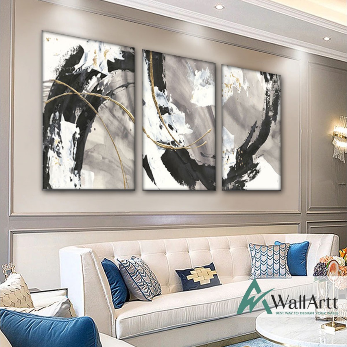 Black White with Gold 3 Piece Textured Partial Oil Painting