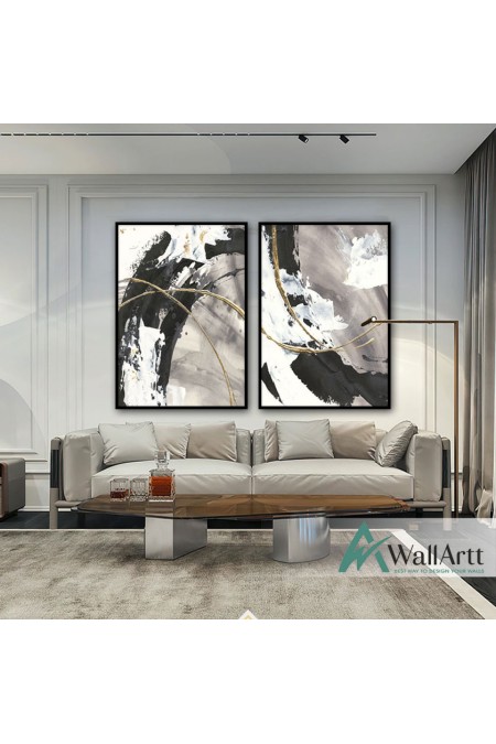 Black White with Gold 2 Piece Textured Partial Oil Painting