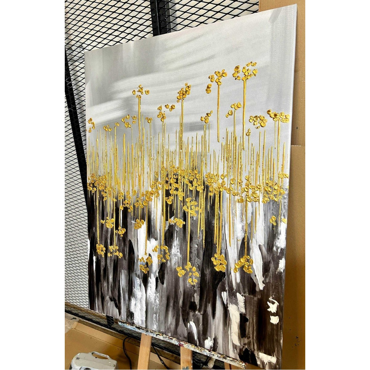 Abstract Gold Flowers Textured Partial Oil Painting