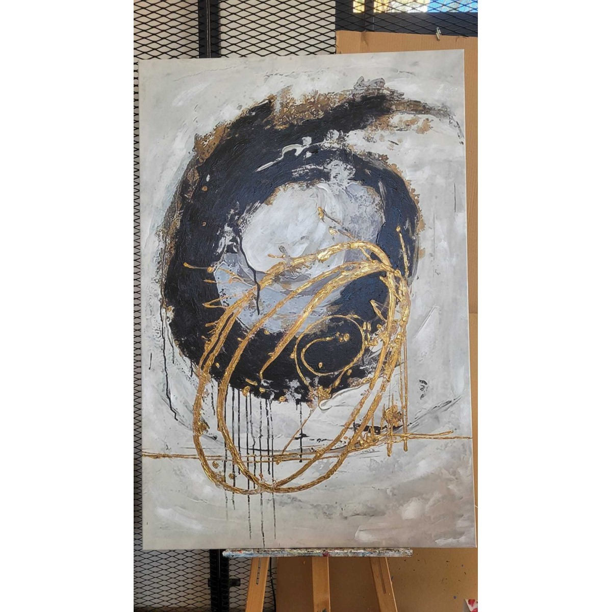 Gold Black Abstract Textured Partial Oil Painting